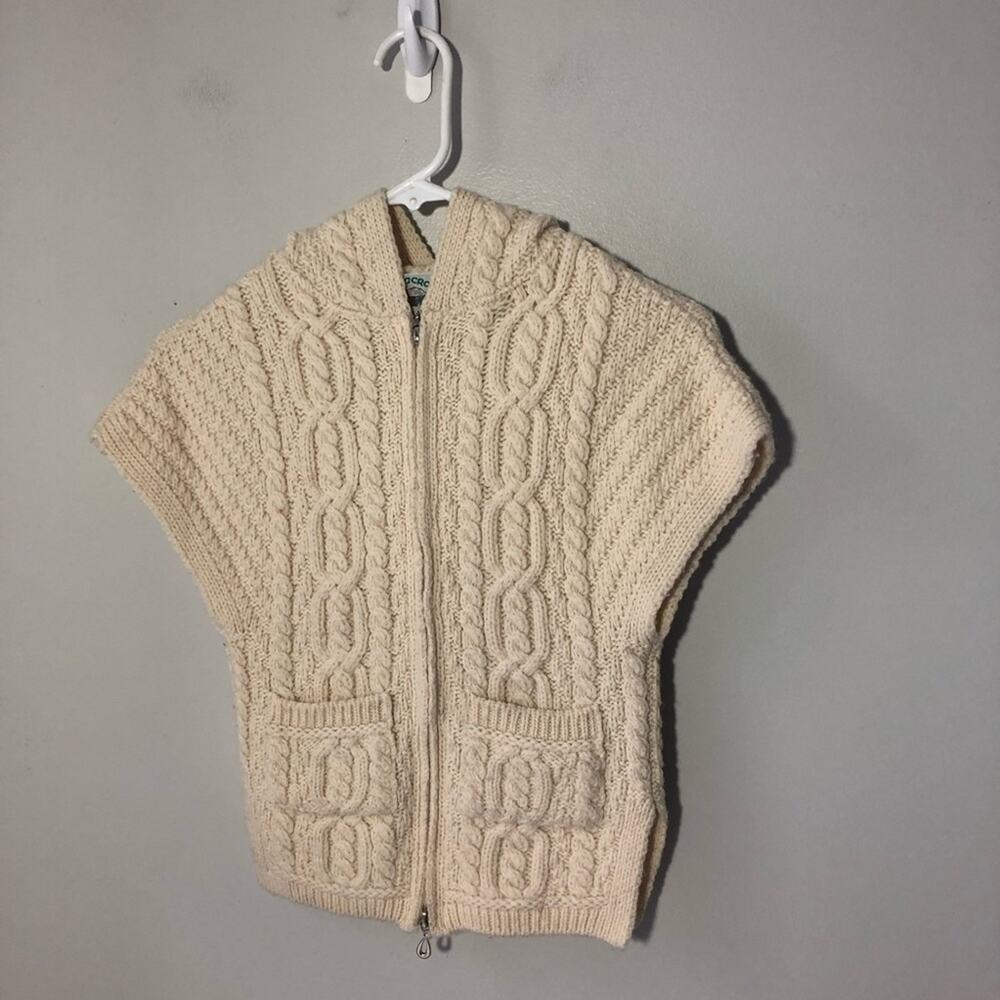 Aran Crafts kids merino wool full zip hooded sleeveless sweater 4-5yrs fisherman
